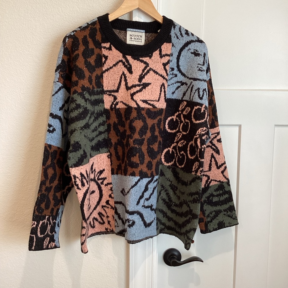 Scotch & Soda Jacquard Graphic Sweater New Medium Leopard Sun Star Anthropologie - Picture 4 of 16